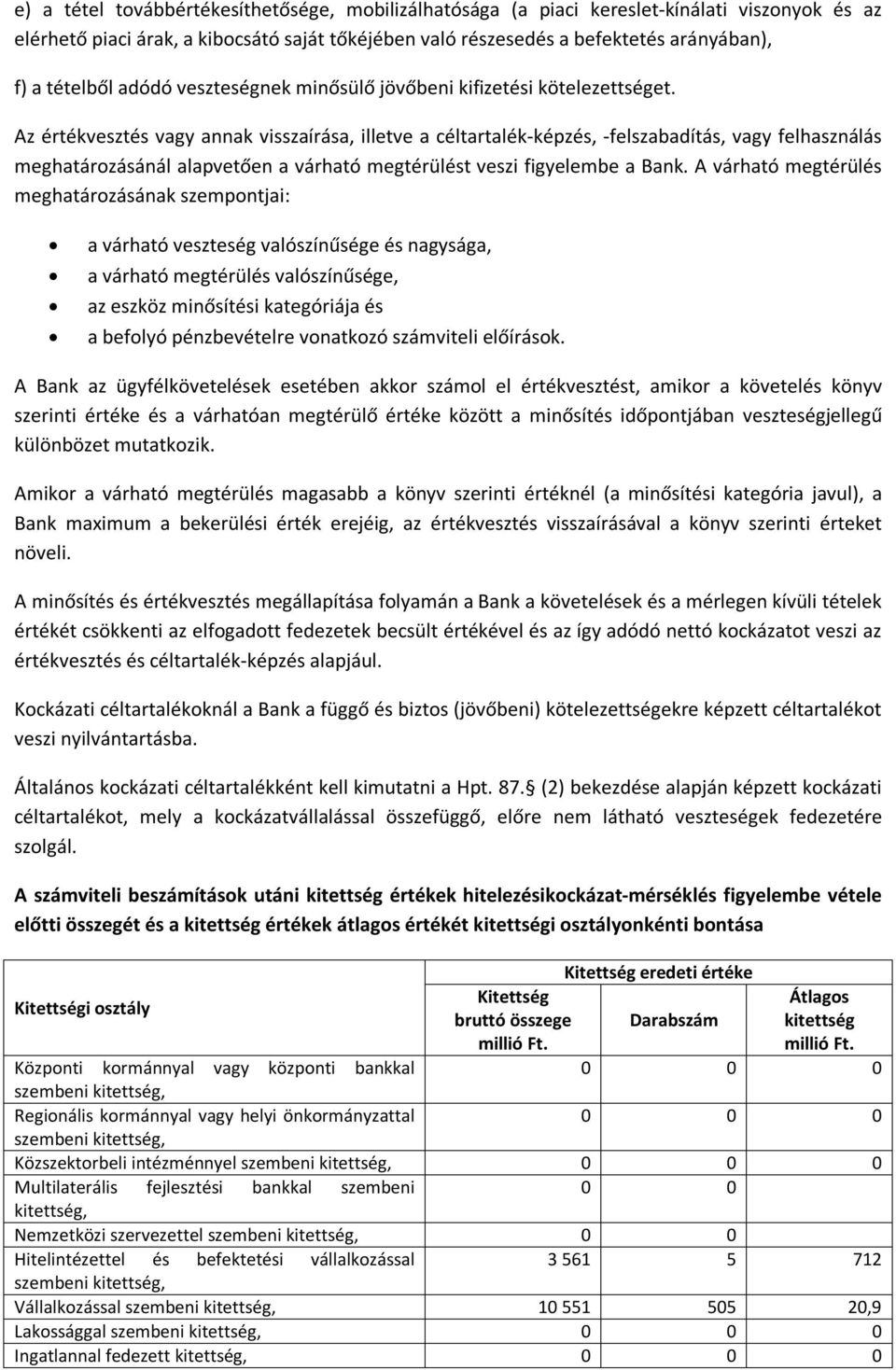 Az értékvesztés vagy annak visszaírása, illetve a céltartalék-képzés, -felszabadítás, vagy felhasználás meghatározásánál alapvetően a várható megtérülést veszi figyelembe a Bank.