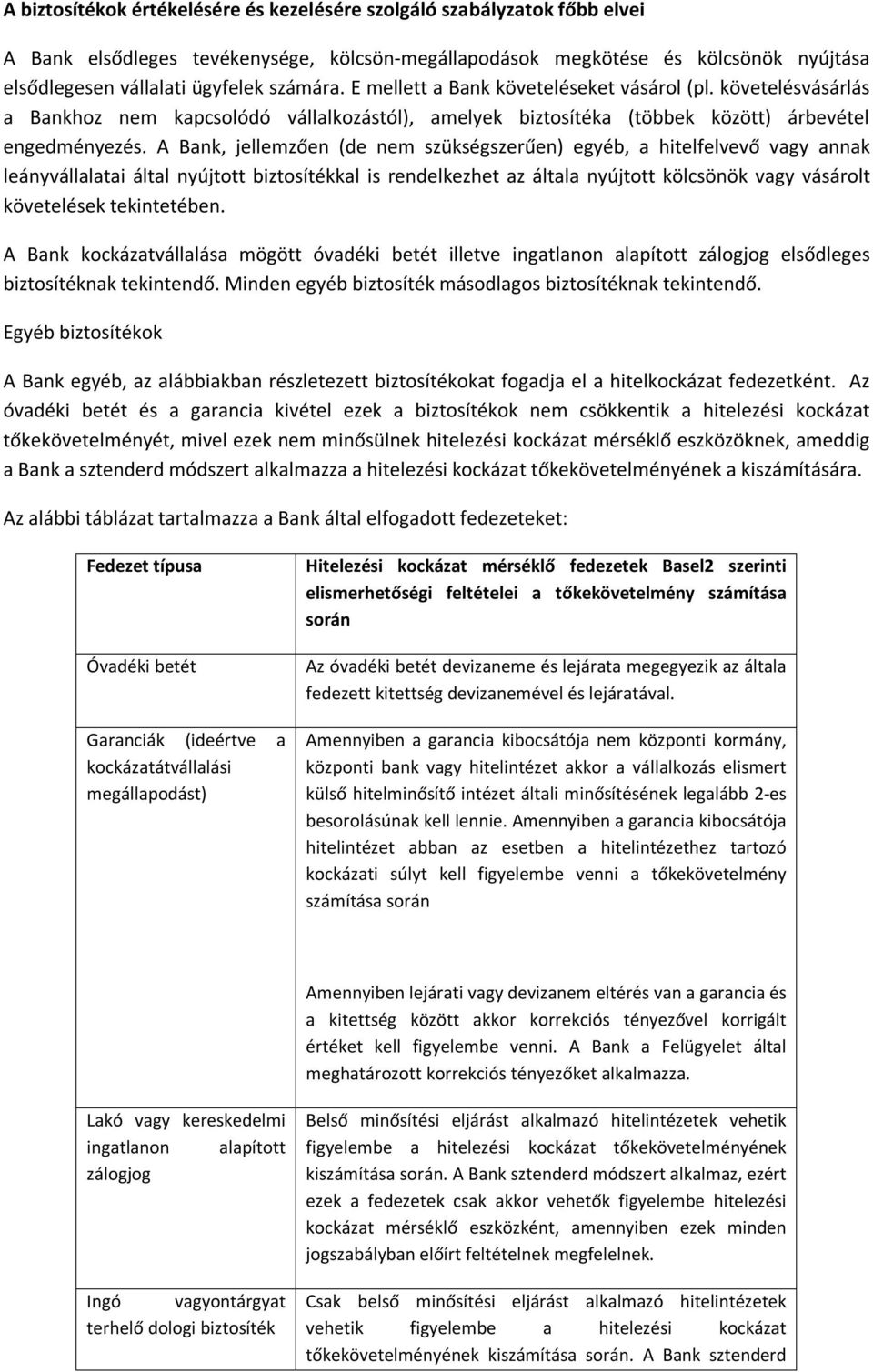 A Bank, jellemzően (de nem szükségszerűen) egyéb, a hitelfelvevő vagy annak leányvállalatai által nyújtott biztosítékkal is rendelkezhet az általa nyújtott kölcsönök vagy vásárolt követelések