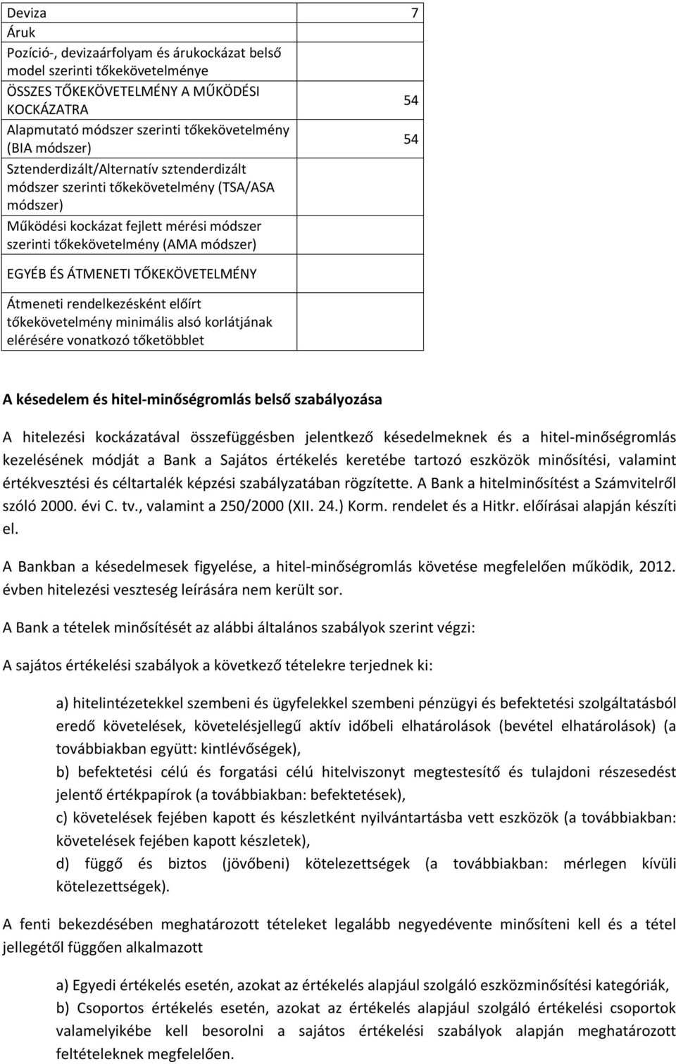 TŐKEKÖVETELMÉNY Átmeneti rendelkezésként előírt tőkekövetelmény minimális alsó korlátjának elérésére vonatkozó tőketöbblet A késedelem és hitel-minőségromlás belső szabályozása A hitelezési