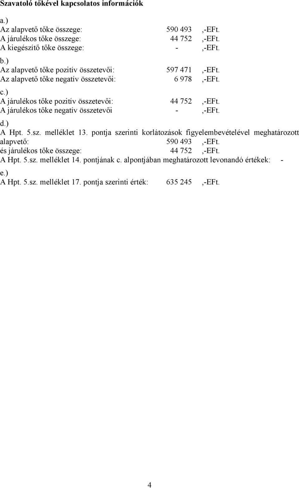) A járulékos tőke pozitív összetevői: 44 752,- A járulékos tőke negatív összetevői -,- d.) A Hpt. 5.sz. melléklet 13.