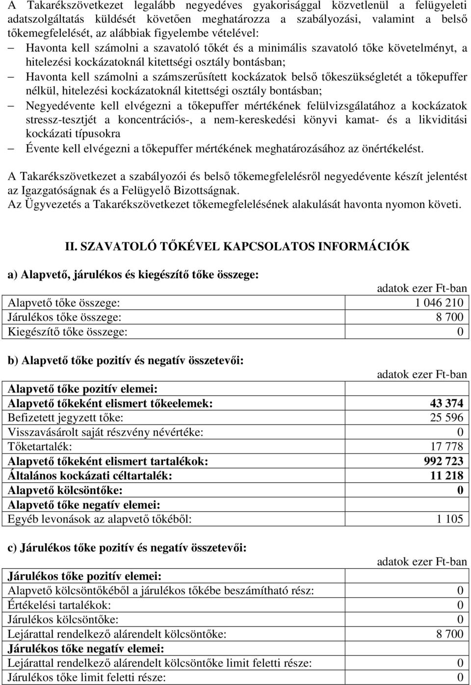 számszerősített kockázatok belsı tıkeszükségletét a tıkepuffer nélkül, hitelezési kockázatoknál kitettségi osztály bontásban; Negyedévente kell elvégezni a tıkepuffer mértékének felülvizsgálatához a