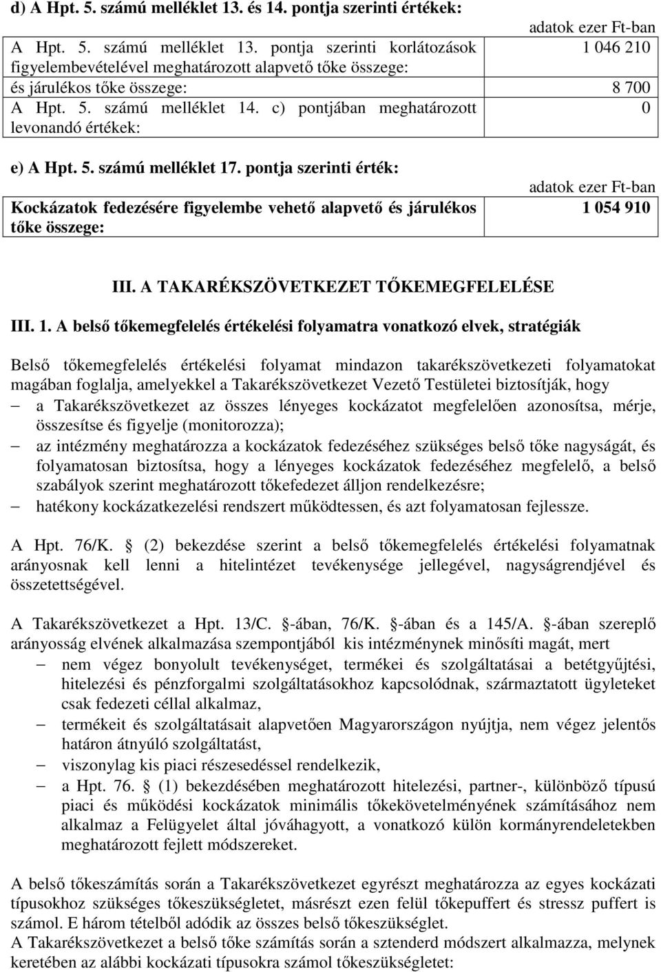 pontja szerinti érték: Kockázatok fedezésére figyelembe vehetı alapvetı és járulékos tıke összege: 1 