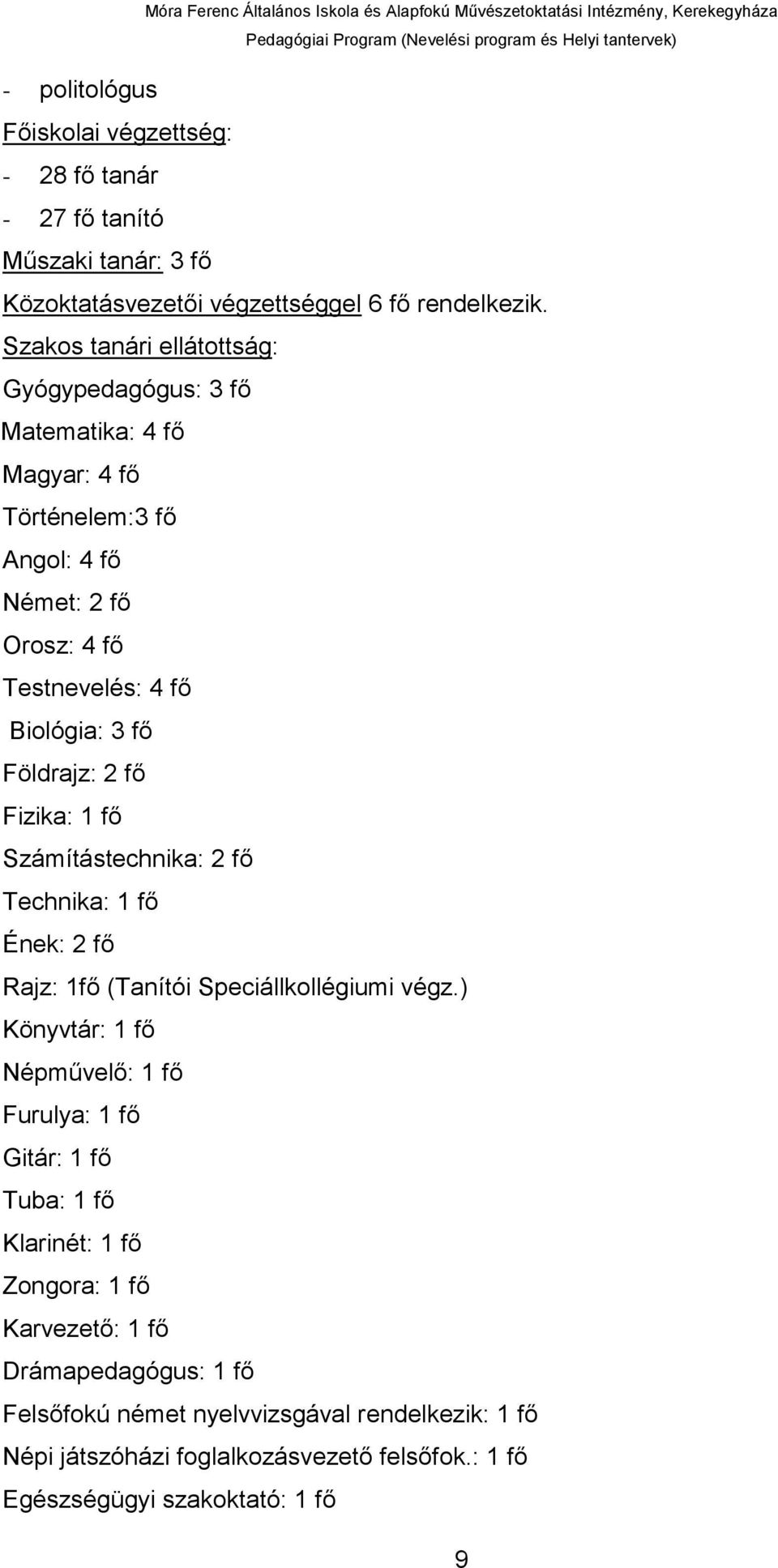 Földrajz: 2 fő Fizika: 1 fő Számítástechnika: 2 fő Technika: 1 fő Ének: 2 fő Rajz: 1fő (Tanítói Speciállkollégiumi végz.