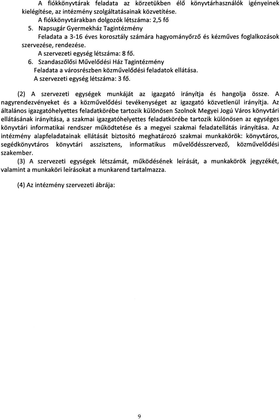 Szandaszőlősi Művelődési Ház Tagintézmény Feladata a városrészben közművelődési feladatok ellátása. A szervezeti egység létszáma: 3 fő.