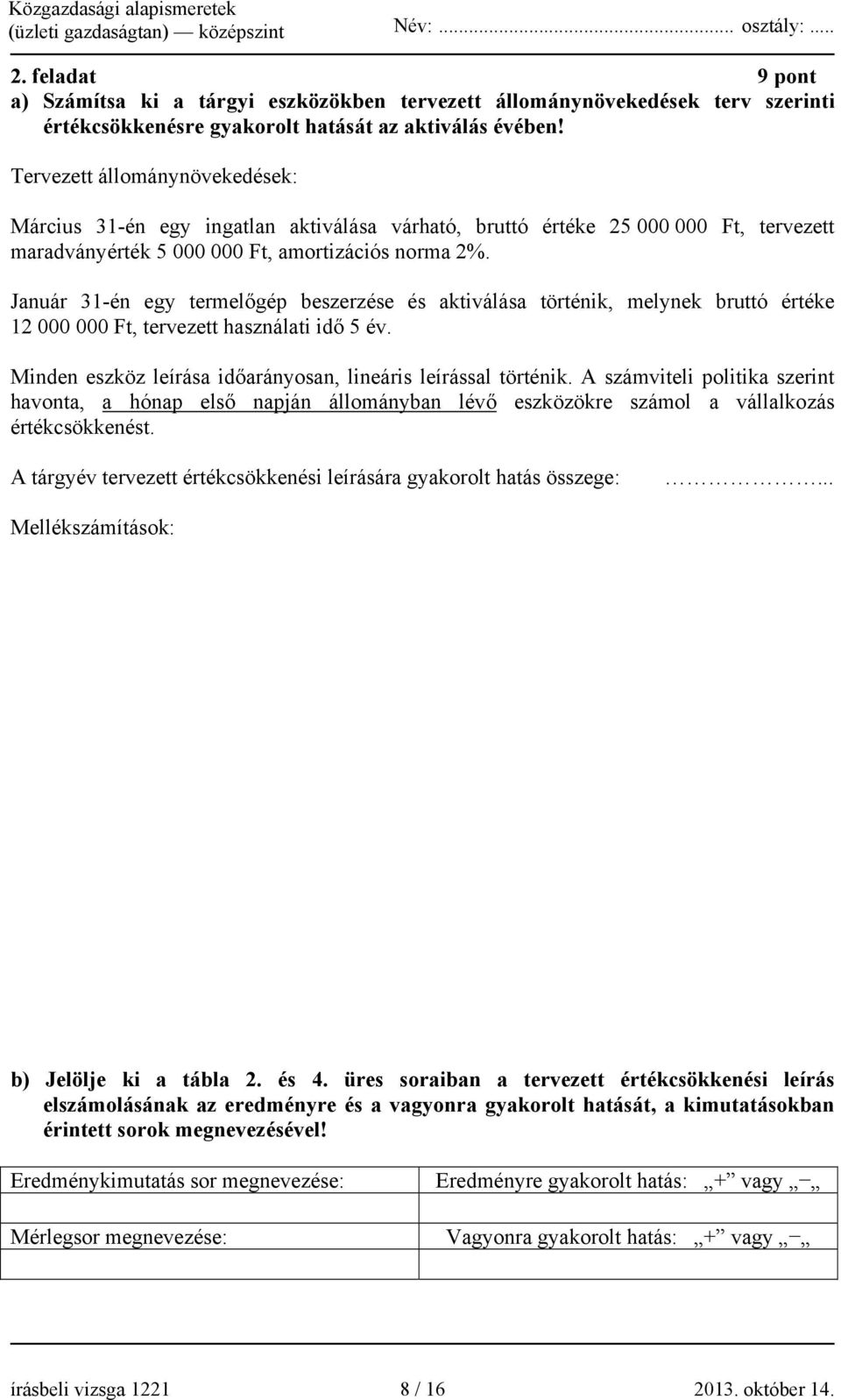 Január 31-én egy termelőgép beszerzése és aktiválása történik, melynek bruttó értéke 12 000 000 Ft, tervezett használati idő 5 év. Minden eszköz leírása időarányosan, lineáris leírással történik.