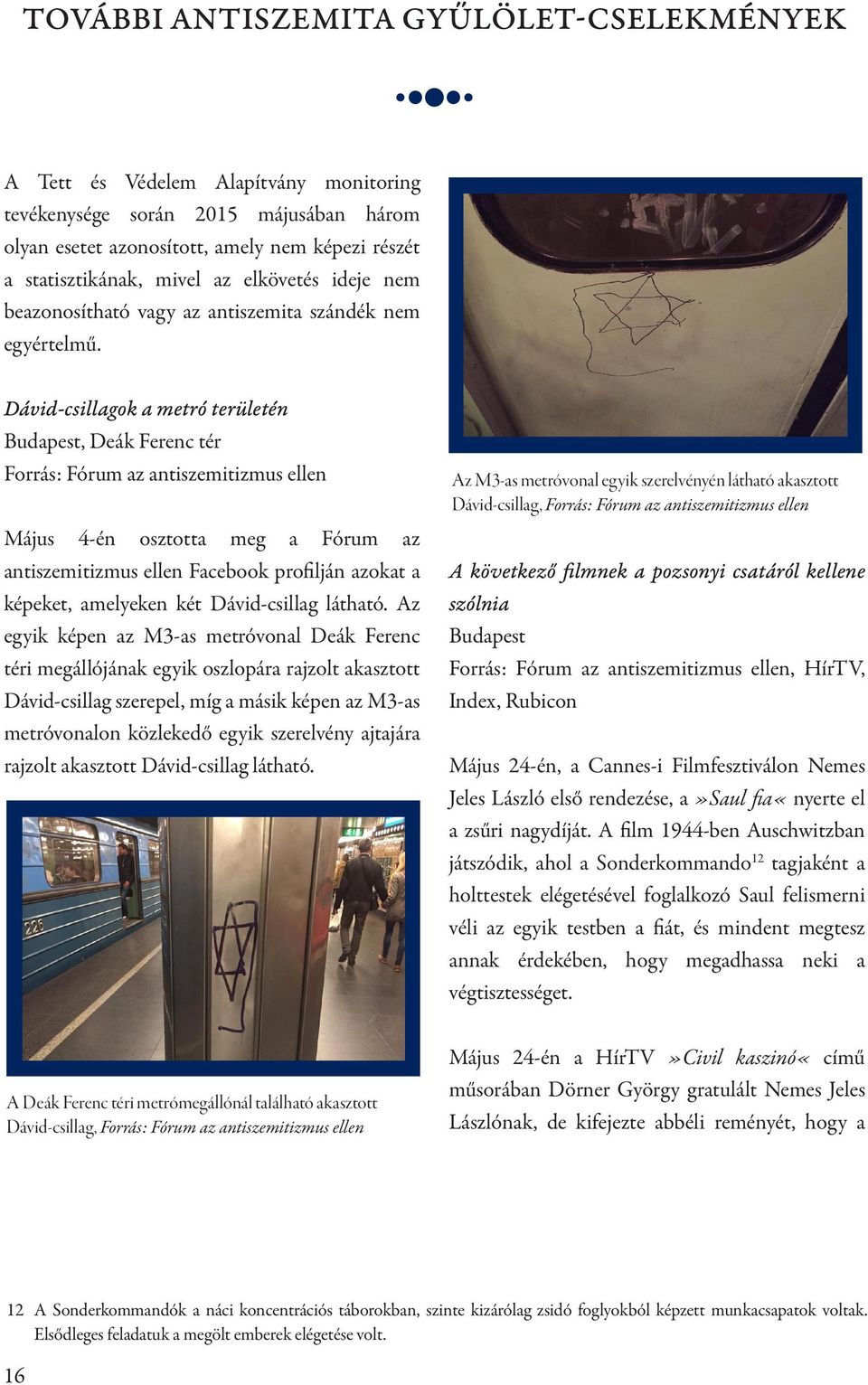 Dávid-csillagok a metró területén Budapest, Deák Ferenc tér Forrás: Fórum az antiszemitizmus ellen Május 4-én osztotta meg a Fórum az antiszemitizmus ellen Facebook profilján azokat a képeket,