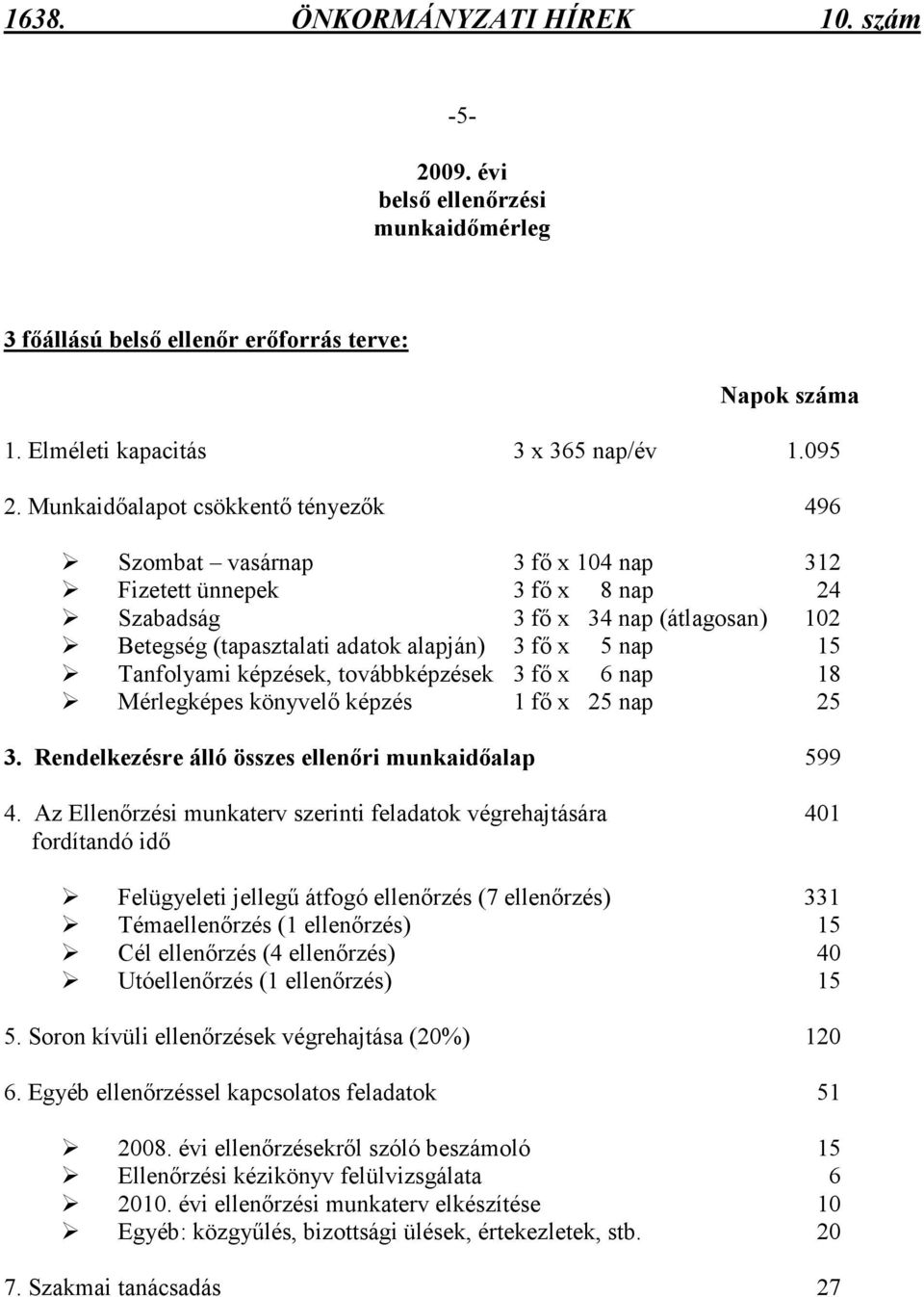 15 Tanfolyami képzések, továbbképzések 3 fı x 6 nap 18 Mérlegképes könyvelı képzés 1 fı x 25 nap 25 3. Rendelkezésre álló összes ellenıri munkaidıalap 599 4.