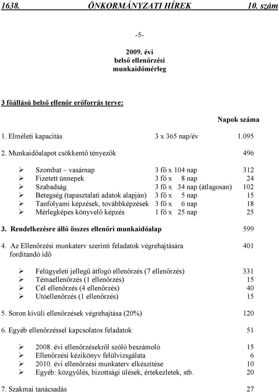 15 Tanfolyami képzések, továbbképzések 3 fı x 6 nap 18 Mérlegképes könyvelı képzés 1 fı x 25 nap 25 3. Rendelkezésre álló összes ellenıri munkaidıalap 599 4.