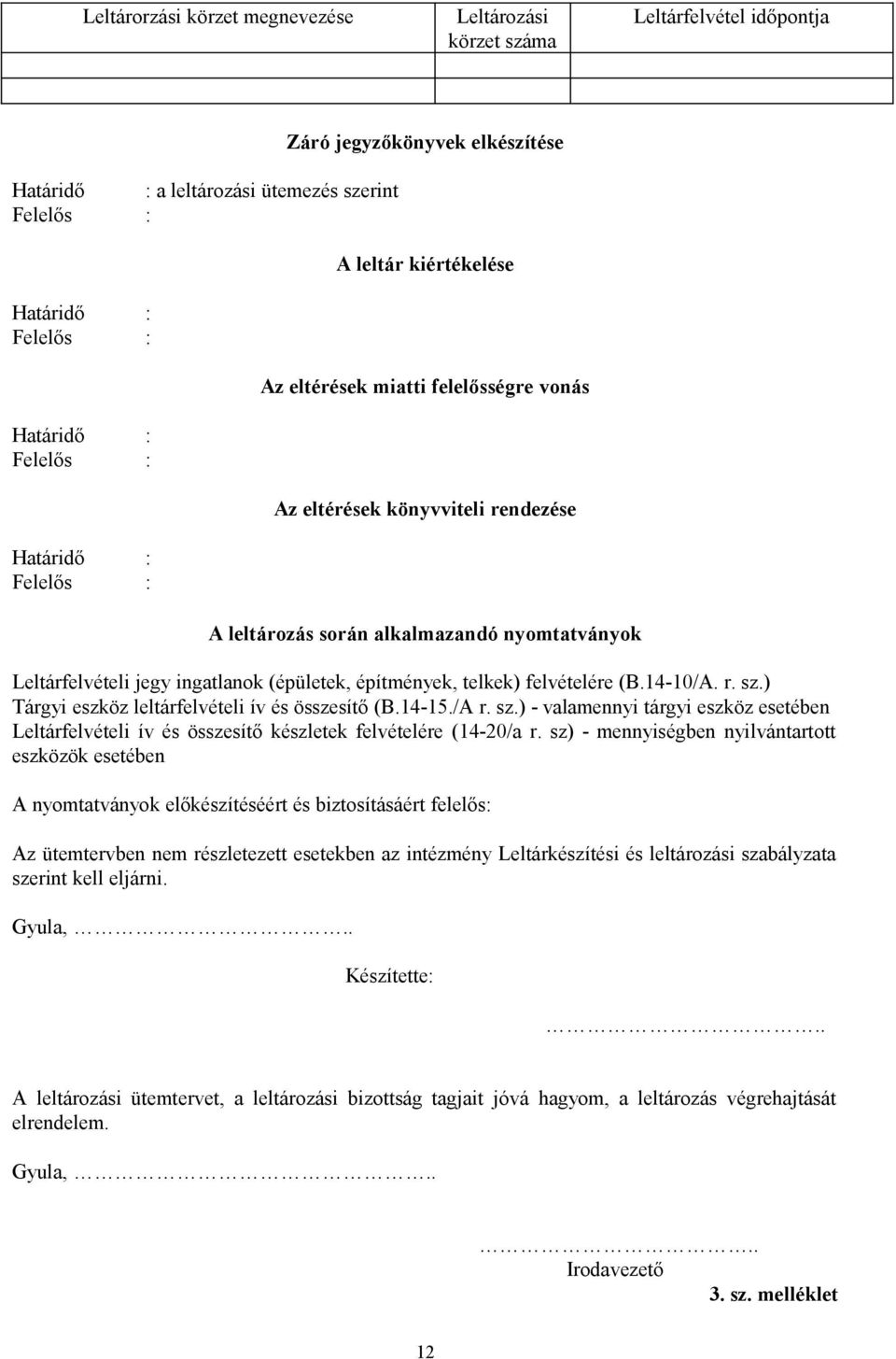 ingatlanok (épületek, építmények, telkek) felvételére (B.14-10/A. r. sz.) Tárgyi eszköz leltárfelvételi ív és összesítő (B.14-15./A r. sz.) - valamennyi tárgyi eszköz esetében Leltárfelvételi ív és összesítő készletek felvételére (14-20/a r.