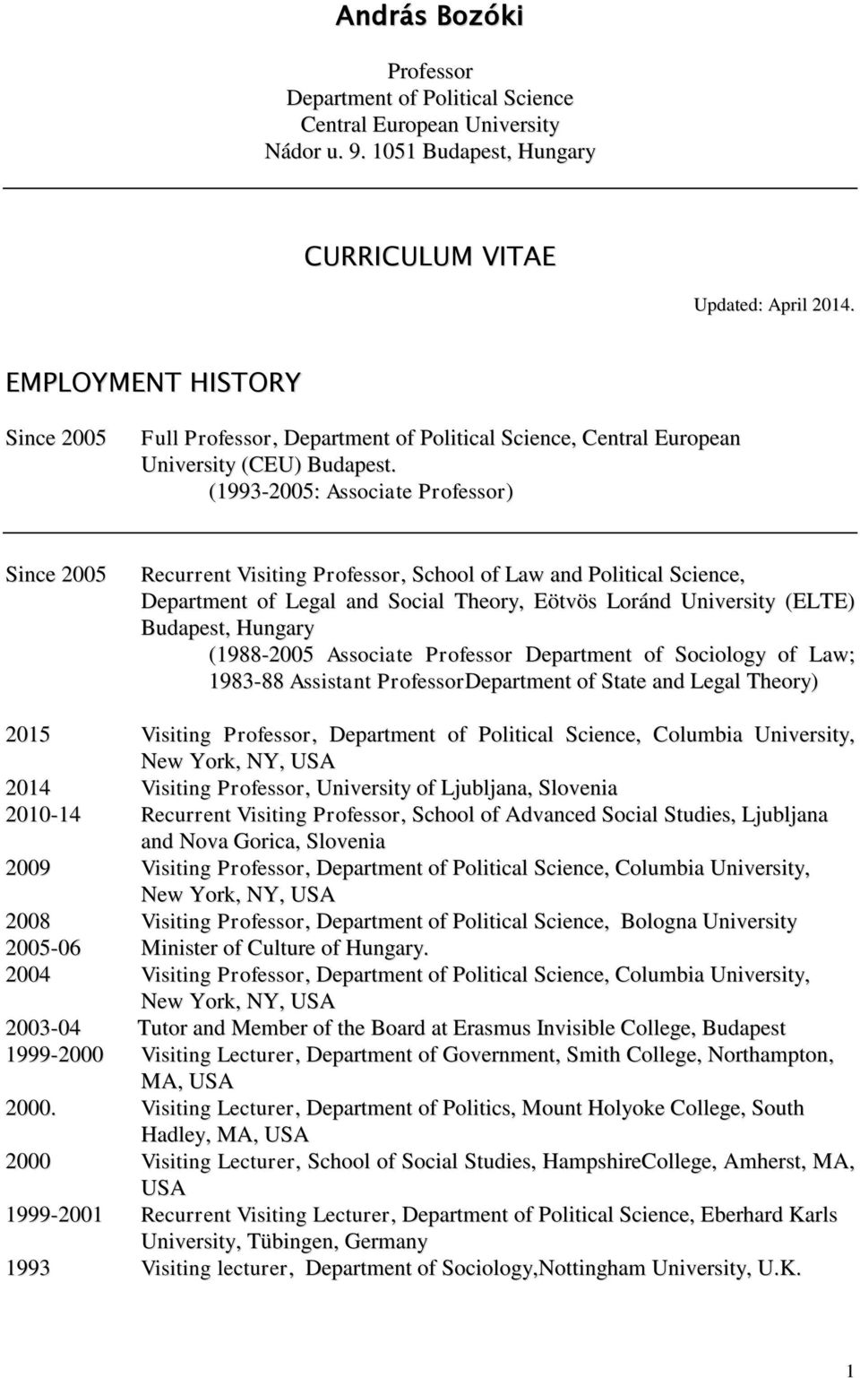 (1993-2005: Associate Professor) Since 2005 Recurrent Visiting Professor, School of Law and Political Science, Department of Legal and Social Theory, Eötvös Loránd University (ELTE) Budapest, Hungary