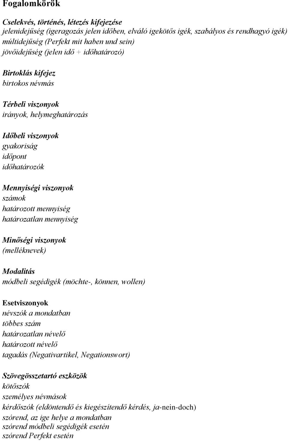 mennyiség határozatlan mennyiség Minőségi viszonyok (melléknevek) Modalitás módbeli segédigék (möchte-, können, wollen) Esetviszonyok névszók a mondatban többes szám határozatlan névelő határozott