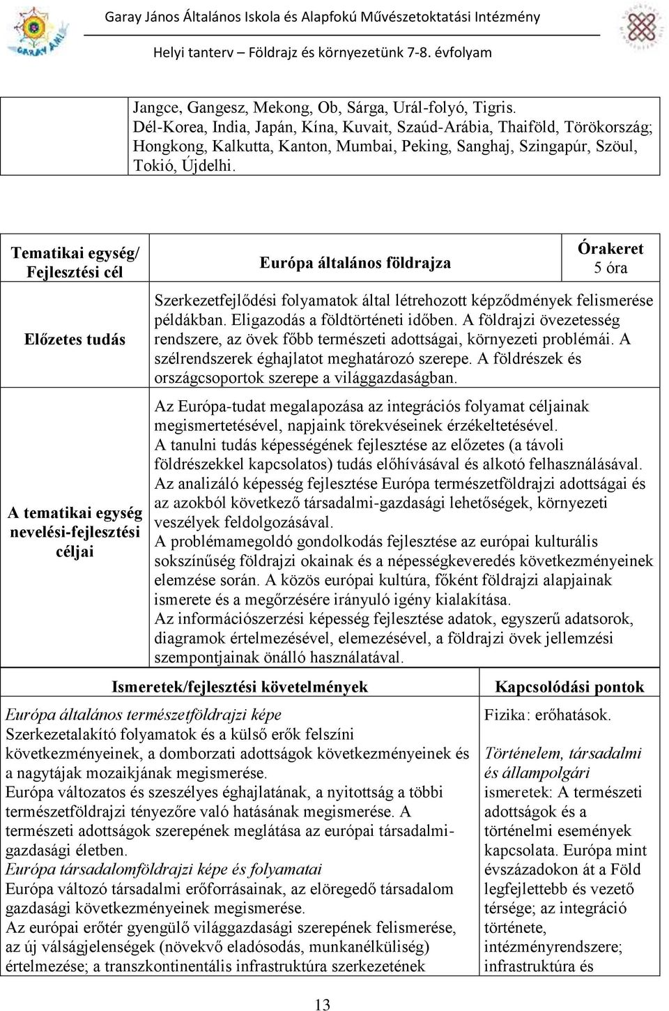 Európa általános földrajza 13 5 óra Szerkezetfejlődési folyamatok által létrehozott képződmények felismerése példákban. Eligazodás a földtörténeti időben.