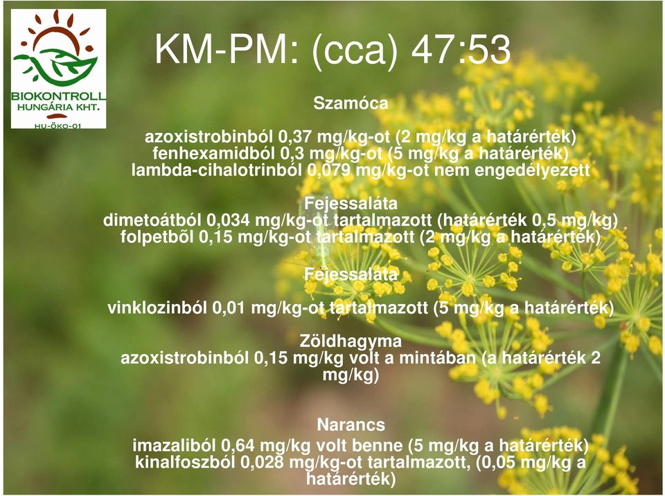 mg/kg a határérték) Fejessaláta vinklozinból 0,01 mg/kg-ot tartalmazott (5 mg/kg a határérték) Zöldhagyma azoxistrobinból 0,15 mg/kg volt a mintában