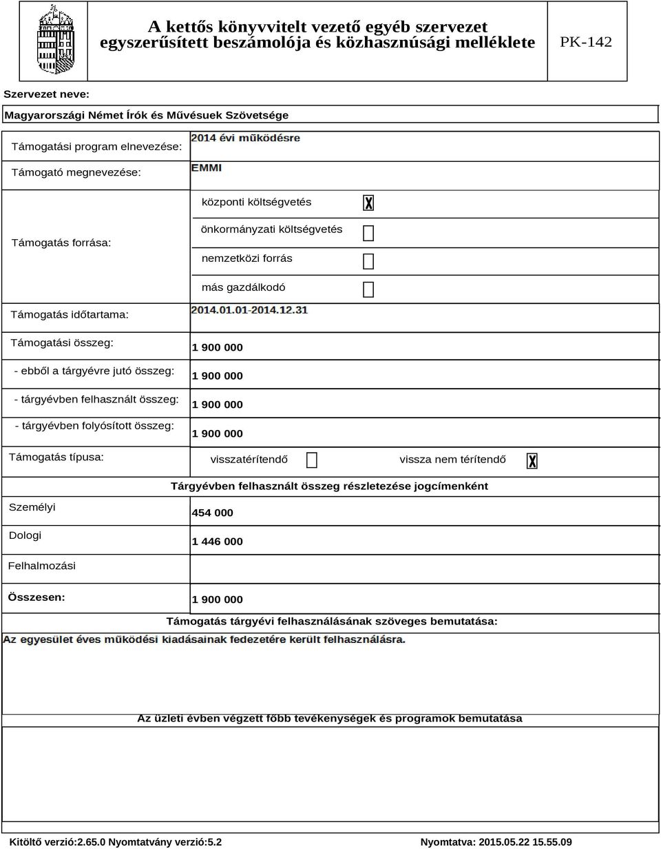 1 900 000 1 900 000 1 900 000 1 900 000 visszatérítendő vissza nem térítendő Tárgyévben felhasznált összeg részletezése jogcímenként Személyi Dologi 454 000 1