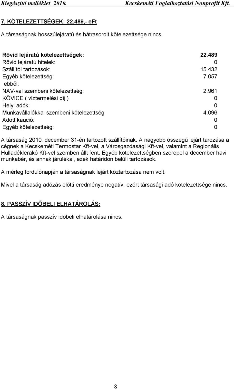 096 Adott kaució: 0 Egyéb kötelezettség: 0 A társaság 2010. december 31-én tartozott szállítóinak.