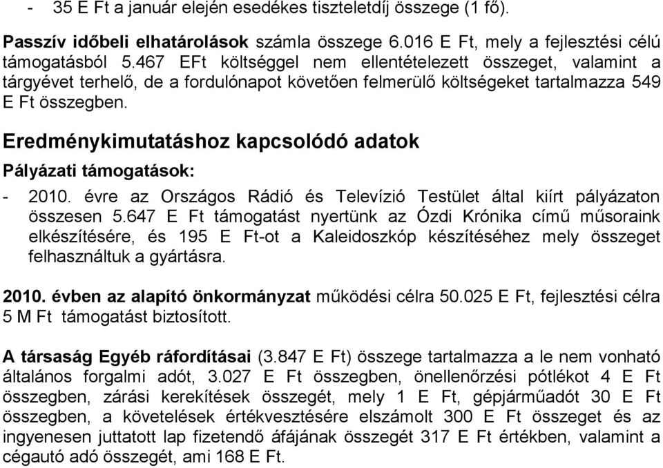 Eredménykimutatáshoz kapcsolódó adatok Pályázati támogatások: - 2010. évre az Országos Rádió és Televízió Testület által kiírt pályázaton összesen 5.