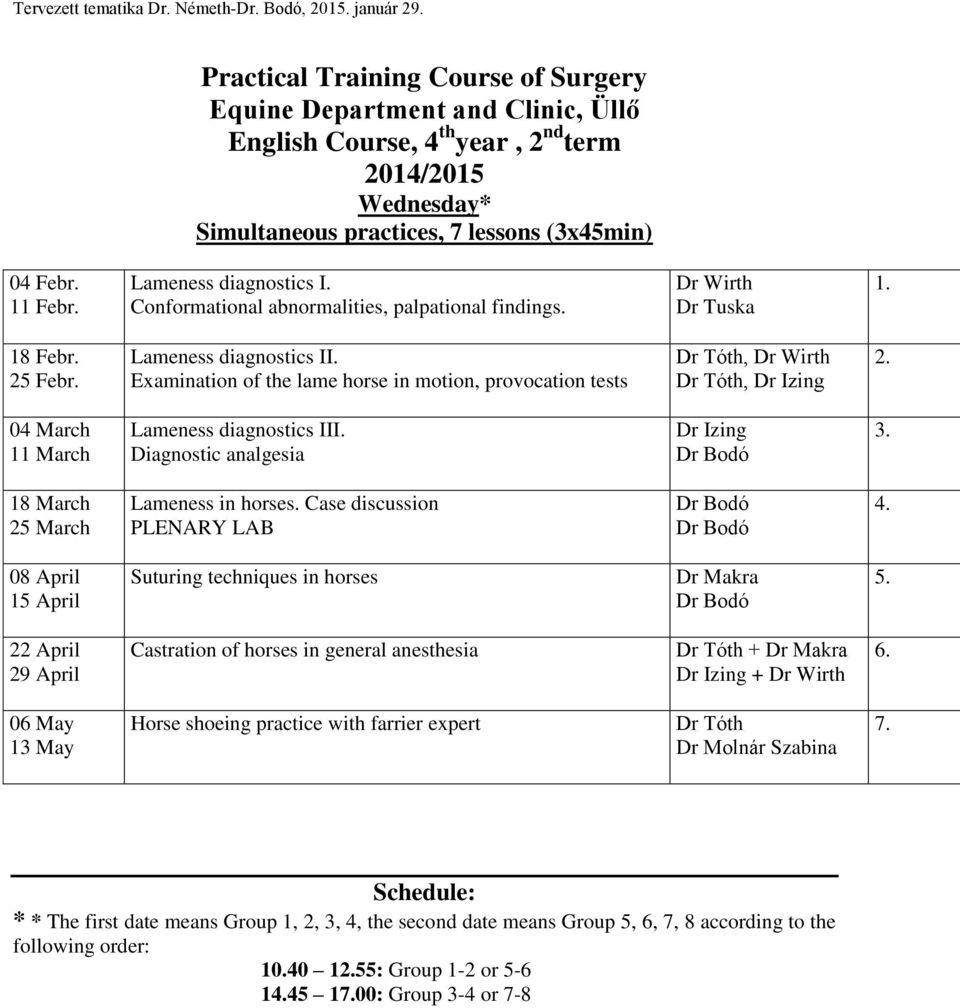 Examination of the lame horse in motion, provocation tests Dr Tóth, Dr Wirth Dr Tóth, Dr Izing 2. 04 March 11 March Lameness diagnostics III. Diagnostic analgesia Dr Izing 3.