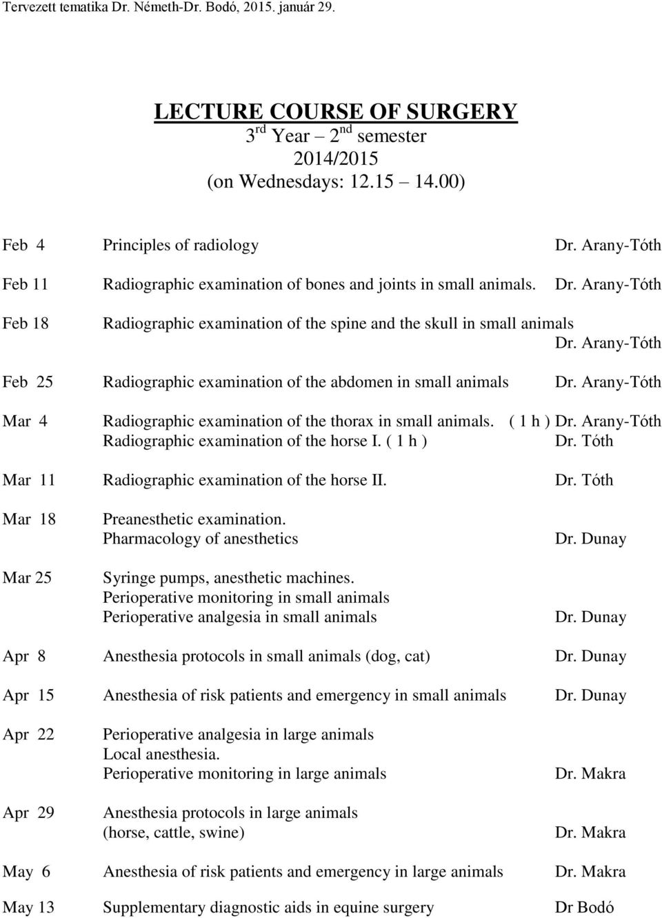 Arany-Tóth Feb 25 Radiographic examination of the abdomen in small animals Dr. Arany-Tóth Mar 4 Radiographic examination of the thorax in small animals. ( 1 h ) Dr.