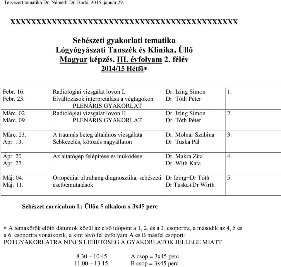 Izing Simon Dr. Tóth Péter 1. 2. Márc. 23. Ápr. 13. A traumás beteg általános vizsgálata Sebkezelés, kötözés nagyállaton Dr. Molnár Szabina Dr. Tuska Pál 3. Ápr. 20. Ápr. 27.