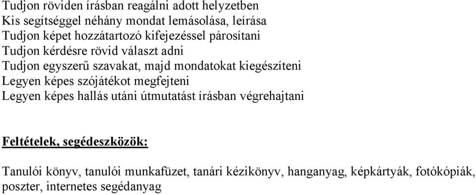 kiegészíteni Legyen képes szójátékot megfejteni Legyen képes hallás utáni útmutatást írásban végrehajtani Feltételek,