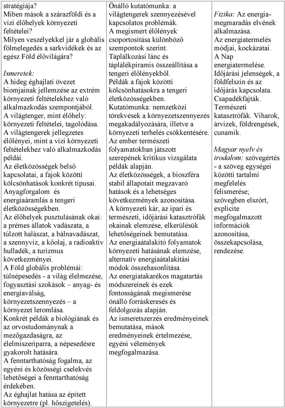 A világtengerek jellegzetes élőlényei, mint a vízi környezeti feltételekhez való alkalmazkodás példái. Az életközösségek belső kapcsolatai, a fajok közötti kölcsönhatások konkrét típusai.