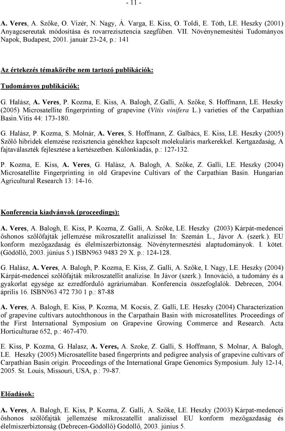 Galli, A. Szőke, S. Hoffmann, LE. Heszky (2005) Microsatellite fingerprinting of grapevine (Vitis vinifera L.) varieties of the Carpathian Basin.Vitis 44: 173-180. G. Halász, P. Kozma, S. Molnár, A.