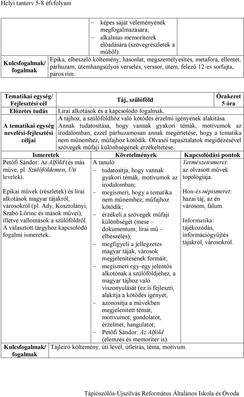 Tematikai egység/ Fejlesztési cél Előzetes tudás A tematikai egység nevelési-fejlesztési Órakeret Táj, szülőföld 5 óra Lírai alkotások és a kapcsolódó fogalmak.