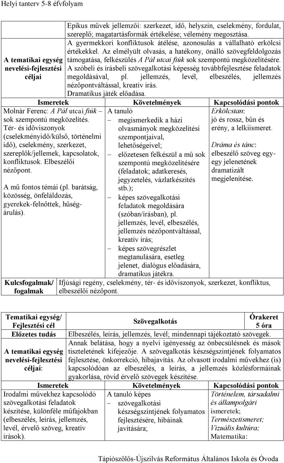 Az elmélyült olvasás, a hatékony, önálló szövegfeldolgozás támogatása, felkészülés A Pál utcai fiúk sok szempontú megközelítésére.