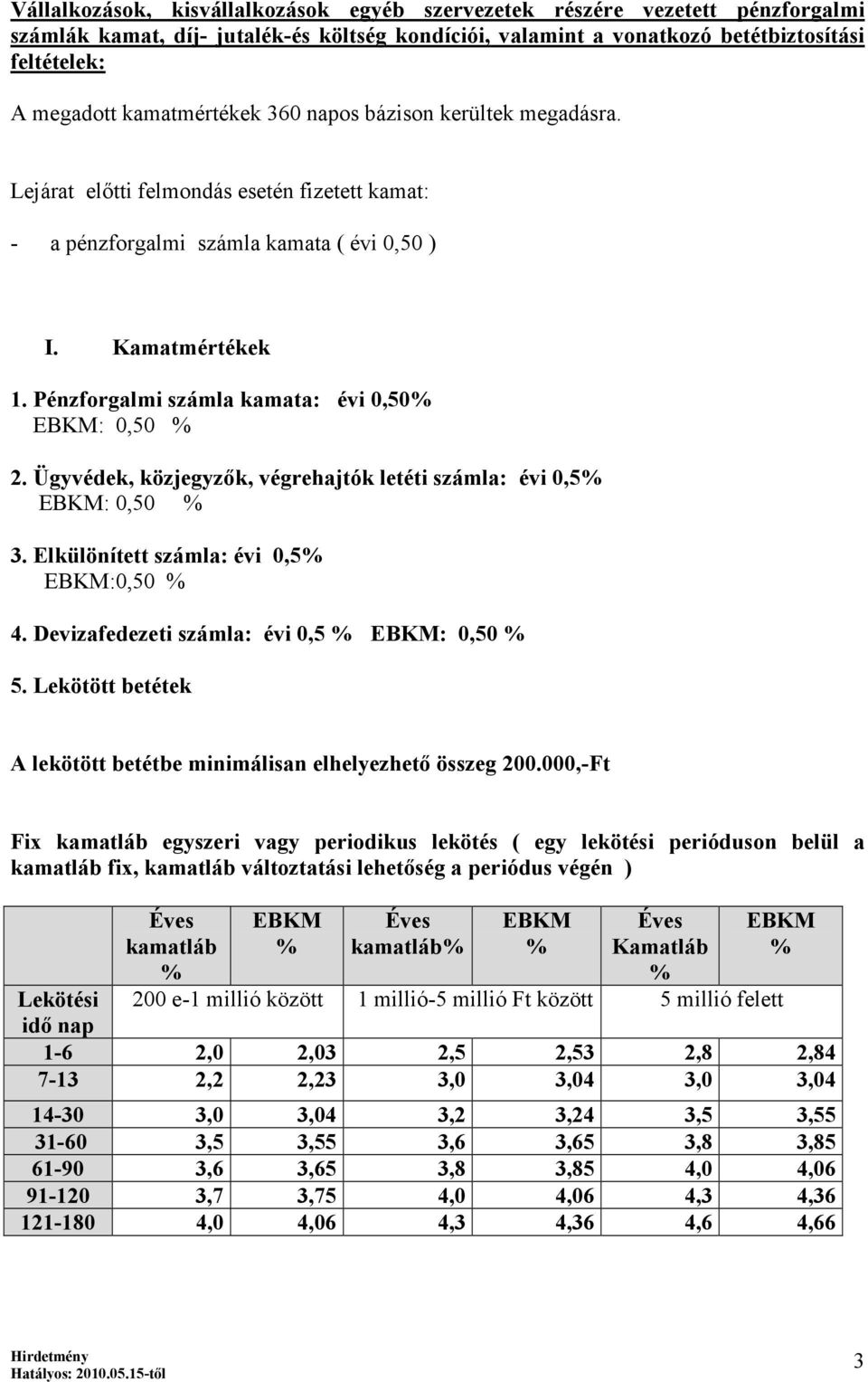 Pénzforgalmi számla kamata: évi 0,50% EBKM: 0,50 % 2. Ügyvédek, közjegyzők, végrehajtók letéti számla: évi 0,5% EBKM: 0,50 % 3. Elkülönített számla: évi 0,5% EBKM:0,50 % 4.