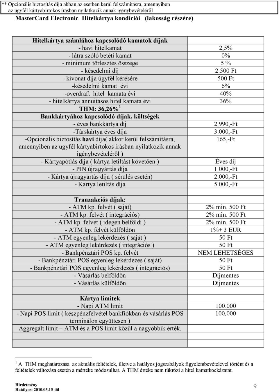 500 Ft - kivonat díja ügyfél kérésére 500 Ft -késedelmi kamat évi 6% -overdraft hitel kamata évi 40% - hitelkártya annuitásos hitel kamata évi 36% THM: 36,26% 1 Bankkártyához kapcsolódó díjak,