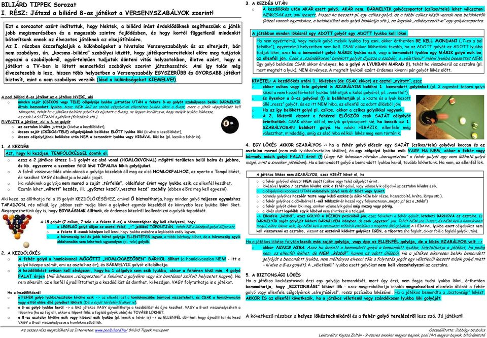 az élvezetes játéknak az elsajátítására. Az I. részben összefglaljuk a különbségeket a hivatals Versenyszabályk és az elterjedt, bár nem szabálys, ún.