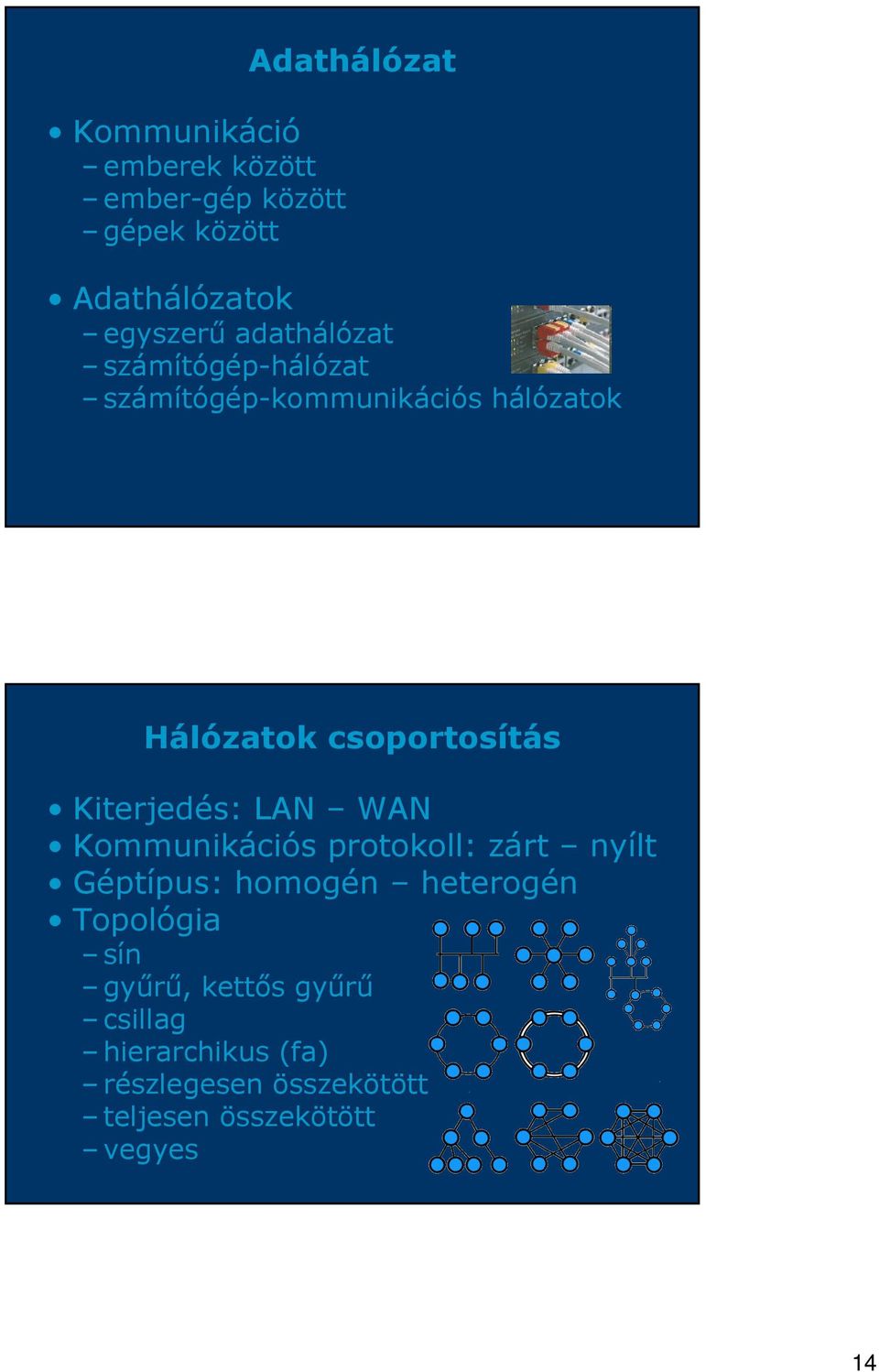 Kiterjedés: LAN WAN Kommunikációs protokoll: zárt nyílt Géptípus: homogén heterogén Topológia
