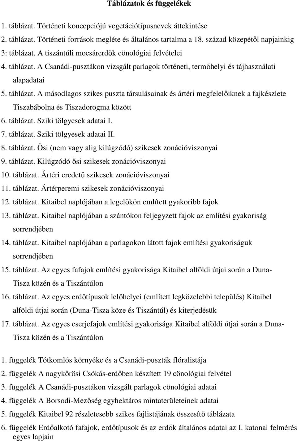 táblázat. Sziki tölgyesek adatai I. 7. táblázat. Sziki tölgyesek adatai II. 8. táblázat. Ősi (nem vagy alig kilúgzódó) szikesek zonációviszonyai 9. táblázat. Kilúgzódó ősi szikesek zonációviszonyai 10.