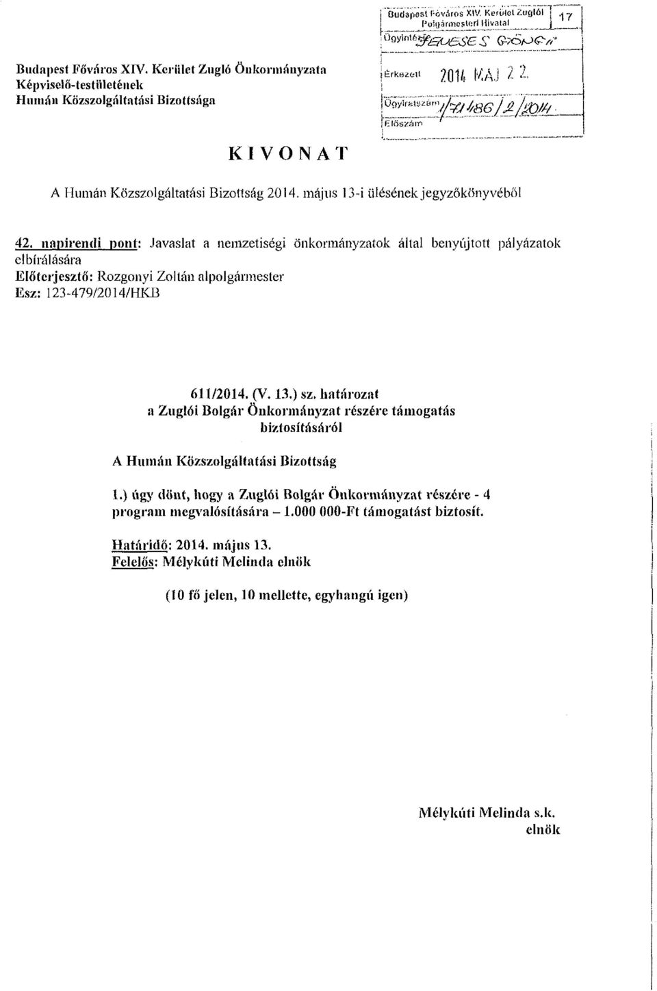 napirendi pont: Javaslat a nemzetiségi önkormányzatok állal benyújtott pályázatok elbírálására Előterjesztő: Rozgonyi Zoltán alpolgármester Esz: 123-479/2014/HKB 611/2014. (V. 13.) sz.