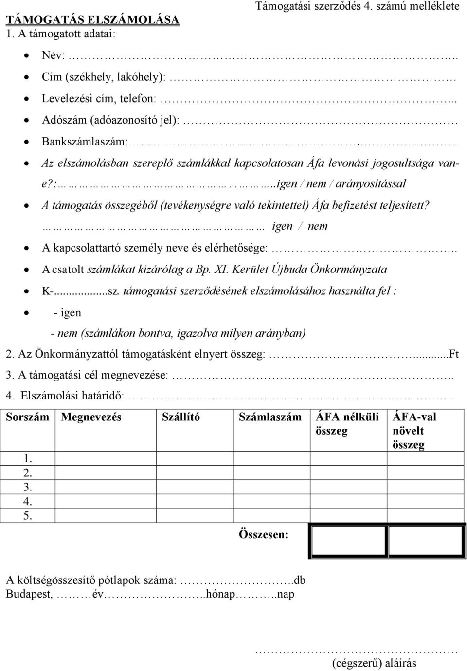 igen / nem A kapcsolattartó személy neve és elérhetősége:.. A csatolt számlákat kizárólag a Bp. XI. Kerület Újbuda Önkormányzata K-...sz. támogatási szerződésének elszámolásához használta fel : - igen - nem (számlákon bontva, igazolva milyen arányban) 2.