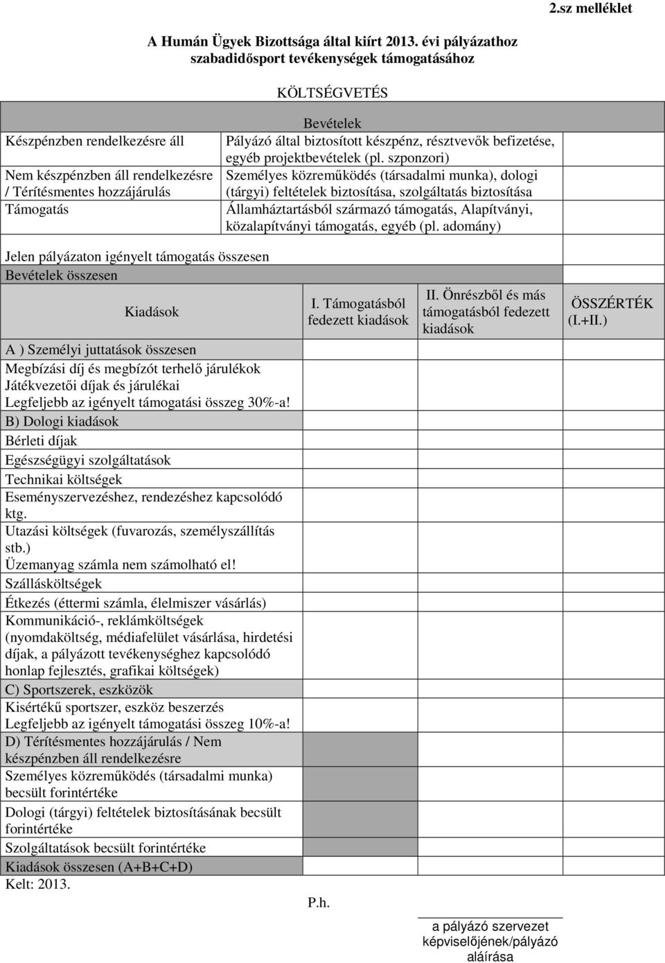 biztosított készpénz, résztvevők befizetése, egyéb projektbevételek (pl.