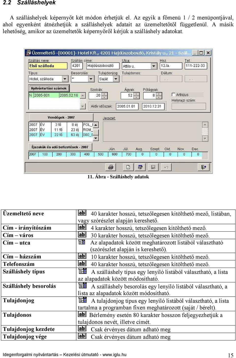 Ábra - Szálláshely adatok Üzemeltető neve Cím - irányítószám Cím város Cím utca Cím házszám Telefonszám Szálláshely típus Szálláshely besorolás Tulajdonjog Tulajdonos Tulajdonjog kezdete Tulajdonjog