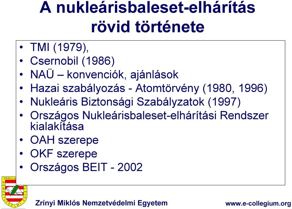 1996) Nukleáris Biztonsági Szabályzatok (1997) Országos