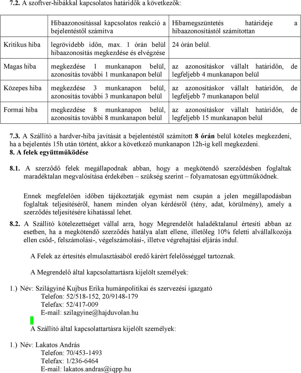 Magas hiba megkezdése 1 munkanapon belül, azonosítás további 1 munkanapon belül Közepes hiba megkezdése 3 munkanapon belül, azonosítás további 3 munkanapon belül Formai hiba megkezdése 8 munkanapon