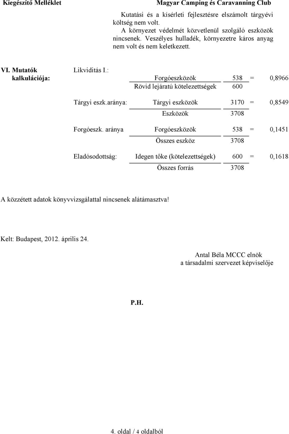 : Forgóeszközök 538 = 0,8966 Rövid lejáratú kötelezettségek 600 Tárgyi eszk.aránya: Tárgyi eszközök 3170 = 0,8549 Eszközök 3708 Forgóeszk.
