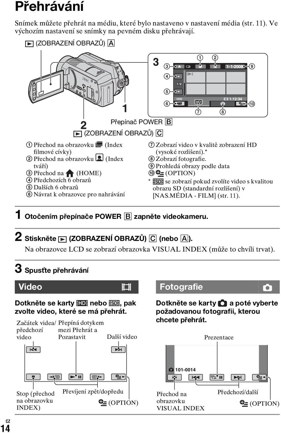 nahrávání 5 6 Přepínač POWER B (ZOBRAZENÍ OBRAZŮ) C HDD 7 8 0 7 Zobrazí video v kvalitě zobrazení HD (vysoké rozlišení).* 8 Zobrazí fotografie.