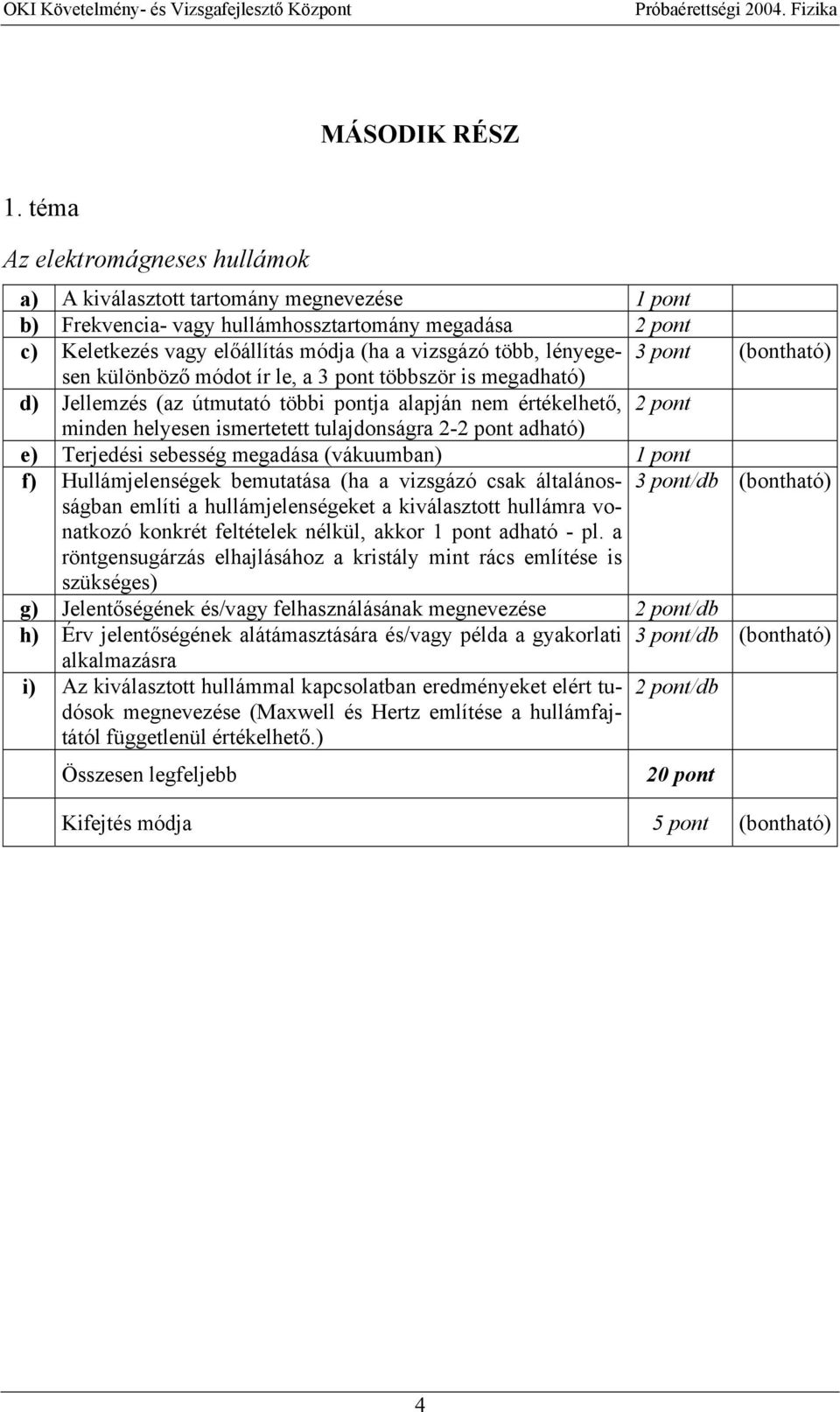 (bontható) különböző módot ír le, a többször is megadható) d) Jellemzés (az útmutató többi pontja alapján nem értékelhető, minden helyesen ismertetett tulajdonságra - adható) e) Terjedési sebesség