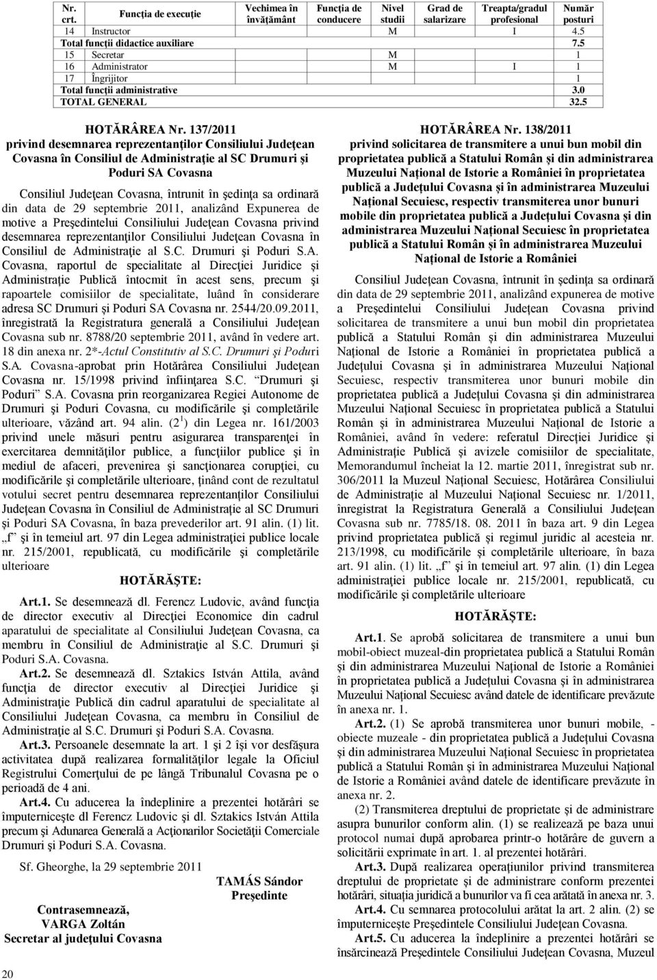 5 HOTĂRÂREA 37/ privind desemnarea reprezentanţilor Consiliului Judeţean Covasna în Consiliul de Administraţie al SC Drumuri şi Poduri SA Covasna Consiliul Judeţean Covasna, întrunit în şedinţa sa