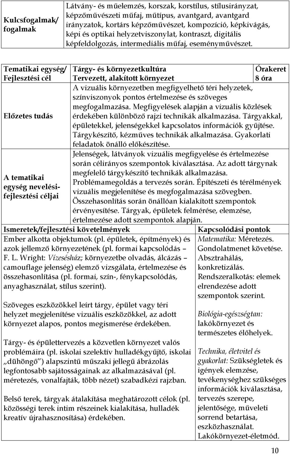 A tematikai egység nevelésifejlesztési Tárgy- és környezetkultúra Tervezett, alakított környezet 8 óra A vizuális környezetben megfigyelhető téri helyzetek, színviszonyok pontos értelmezése és