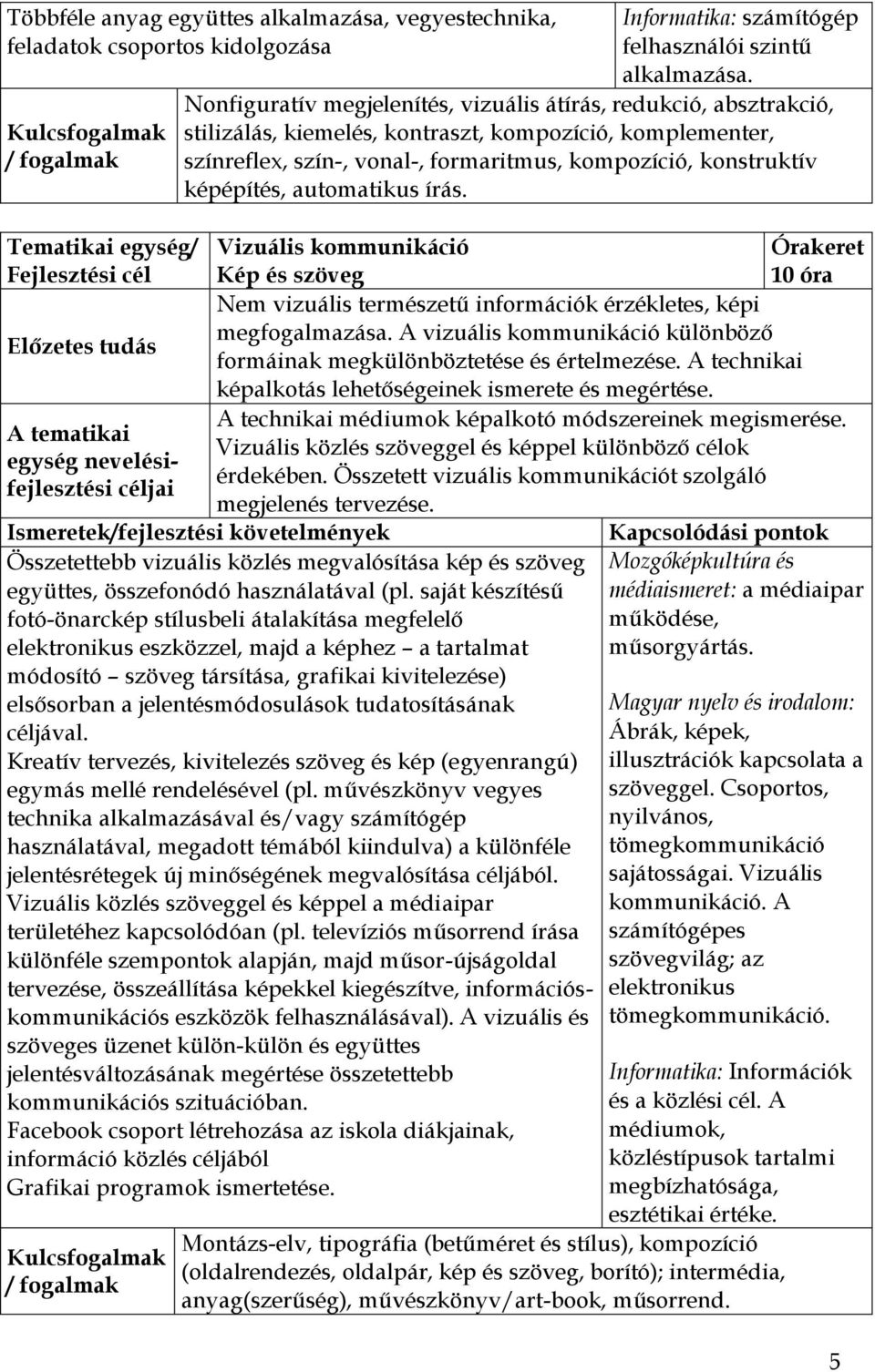 képépítés, automatikus írás. Vizuális kommunikáció Kép és szöveg 10 óra Nem vizuális természetű információk érzékletes, képi megfogalmazása.