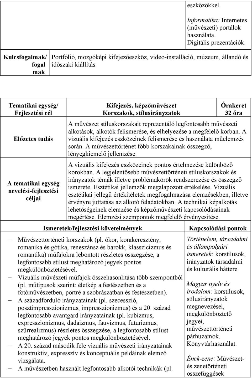 A vizuális kifejezés eszközeinek felismerése és használata műelemzés során. A művészettörténet főbb korszakainak összegző, lényegkiemelő jellemzése.