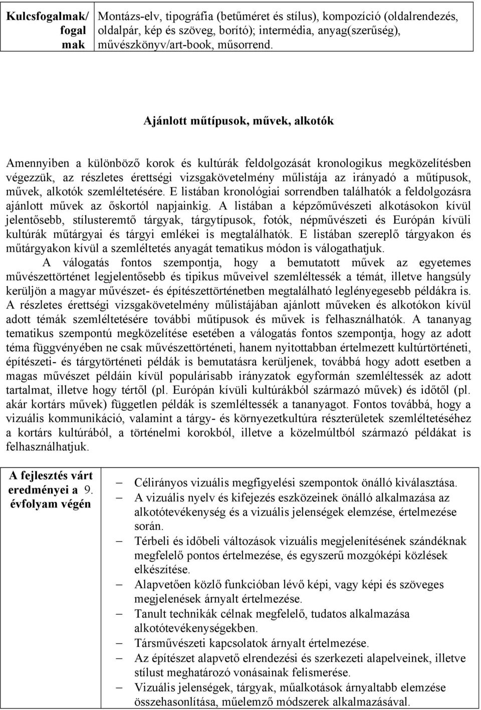 műtípusok, művek, alkotók szemléltetésére. E listában kronológiai sorrendben találhatók a feldolgozásra ajánlott művek az őskortól napjainkig.