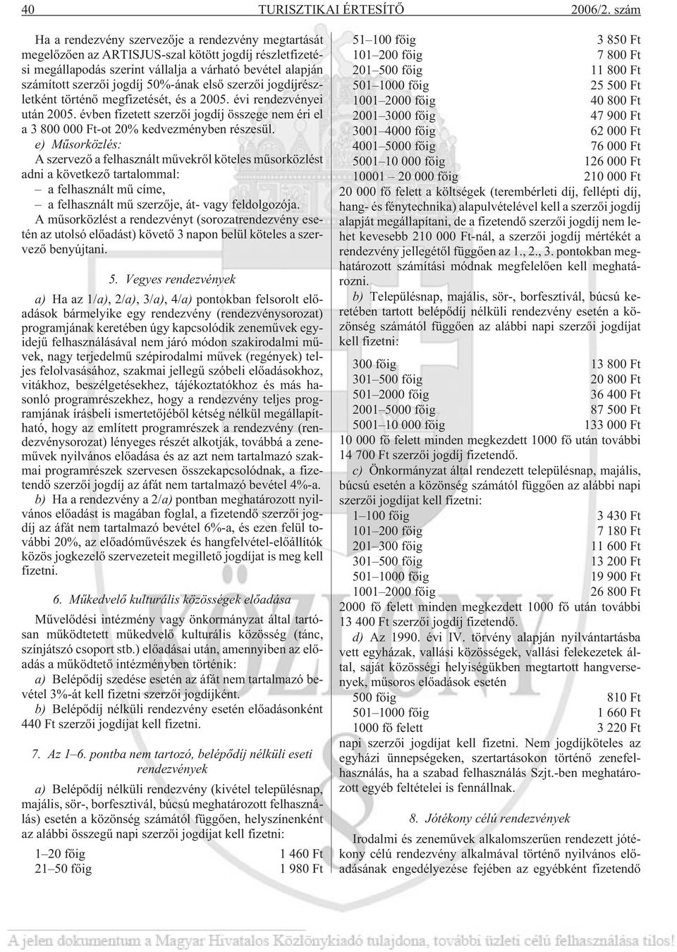 50%-ának elsõ szerzõi jogdíjrészletként történõ megfizetését, és a 2005. évi rendezvényei után 2005. évben fizetett szerzõi jogdíj összege nem éri el a 3 800 000 Ft-ot 20% kedvezményben részesül.