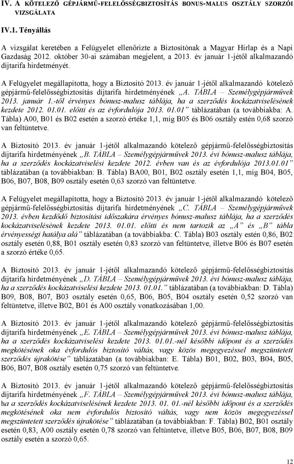 év január 1-jétől alkalmazandó díjtarifa hirdetményét. A Felügyelet megállapította, hogy a Biztosító 2013.