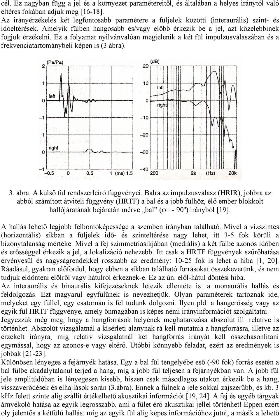Ez a folyamat nyilvánvalóan megjelenik a két fül impulzusválaszában és a frekvenciatartománybeli képen is (3.ábra). 3. ábra. A külső fül rendszerleíró függvényei.